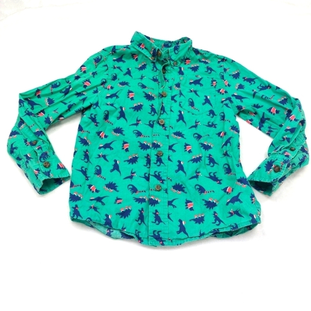 FALLS CREEK BOYS GREEN CHRISTMAS SANTA DINOSAUR LONG SLEEVE BUTTON DOWN SIZE XS